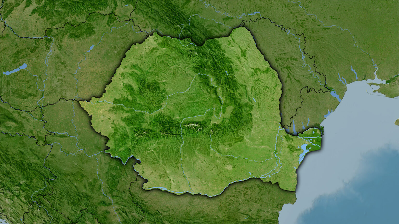 High resolution georeferenced image (7680x4320 px, ratio: 16x9) for clip production - raw composition of raster layers with dark glowing outline Romania area on the satellite B map in the stereographic projection - raw composition of raster layers with dark glowing outline