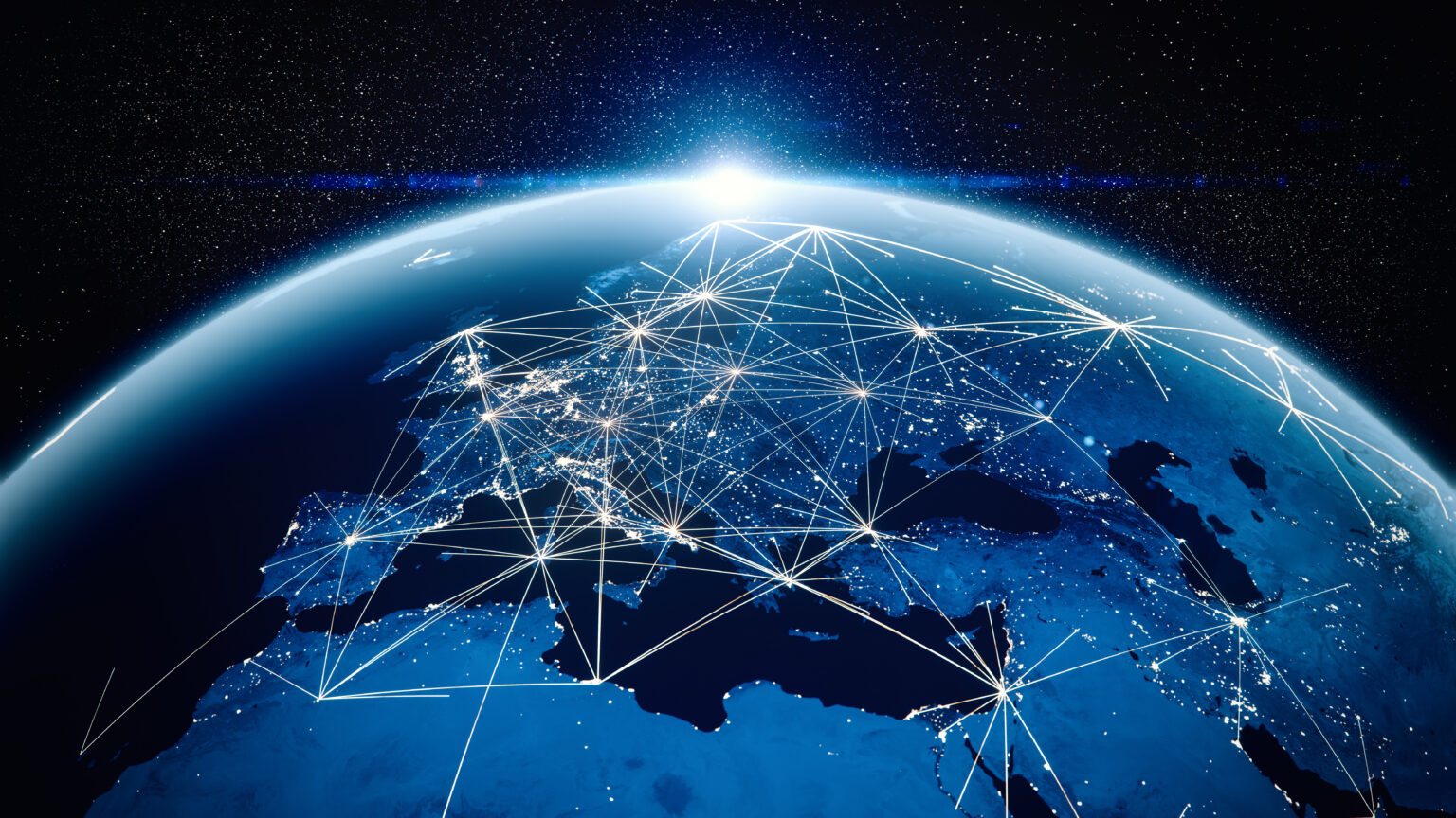 Global Communications From Cities Earth view from space at night with lights and connections from 
cities.
(World Map Courtesy of NASA: https://visibleearth.nasa.gov/view.php?id=55167)