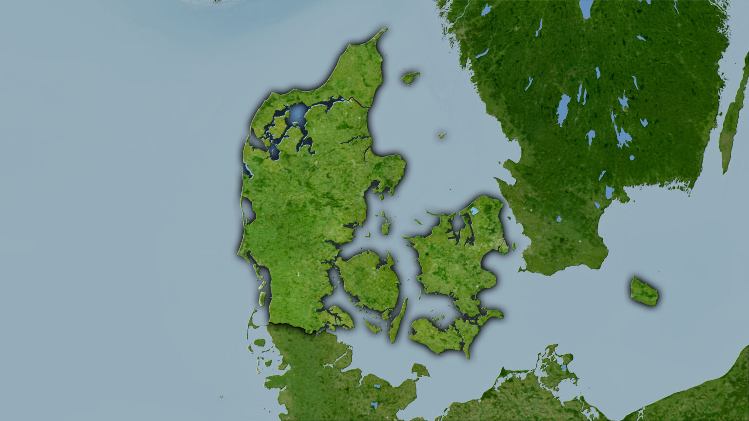 High resolution georeferenced image (7680x4320 px, ratio: 16x9) for clip production - raw composition of raster layers with dark glowing outline Denmark area on the satellite B map in the stereographic projection - raw composition of raster layers with dark glowing outline