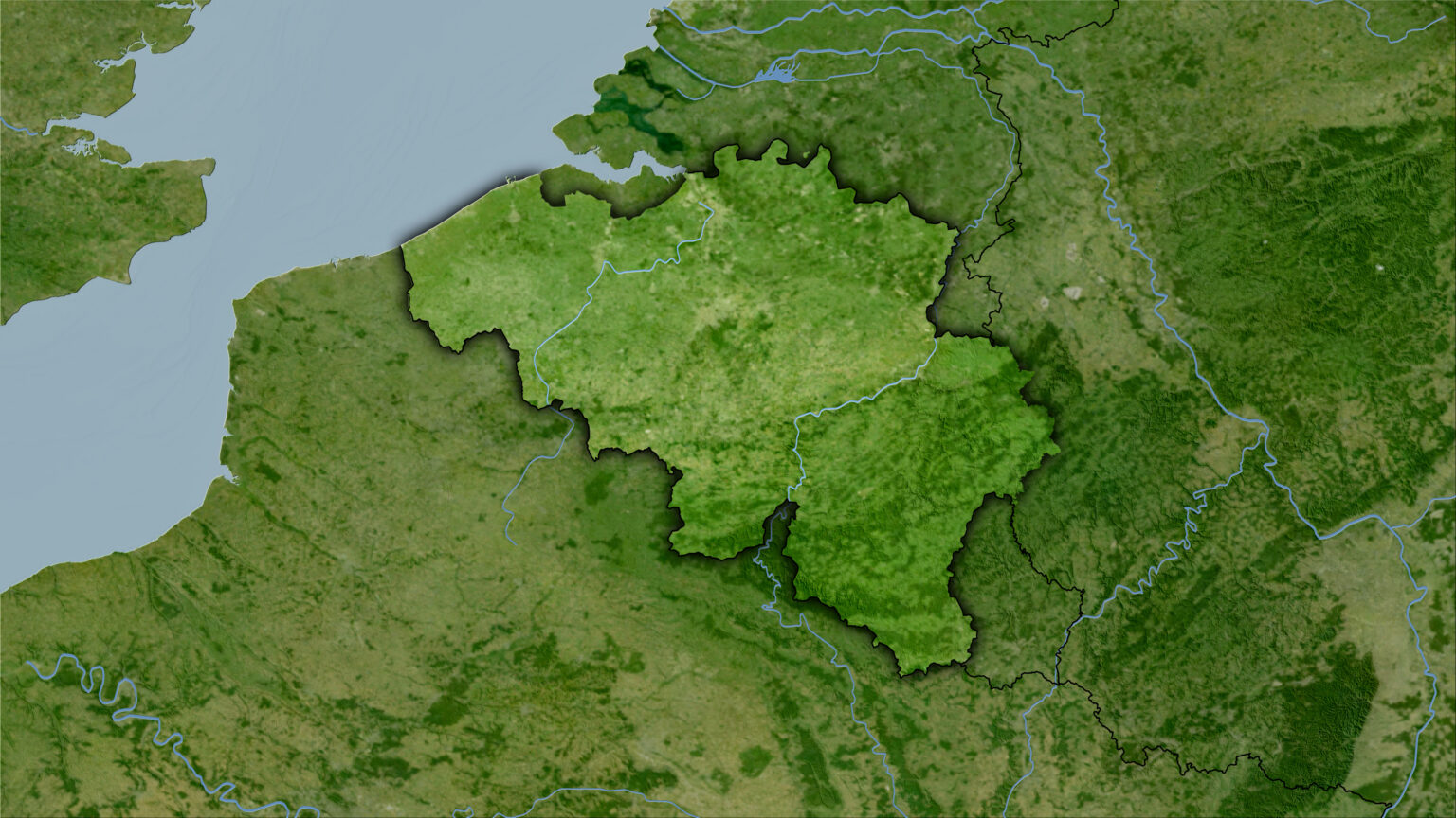 Belgium area on the satellite B map in the stereographic projection - raw composition of raster layers with dark glowing outline