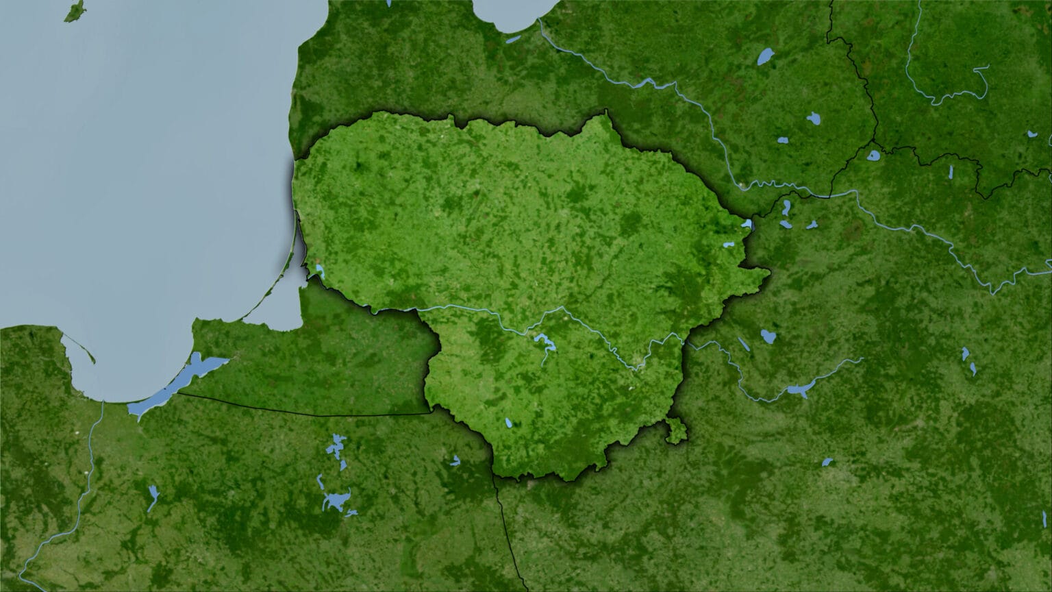 High resolution georeferenced image (7680x4320 px, ratio: 16x9) for clip production - raw composition of raster layers with dark glowing outline Lithuania area on the satellite B map in the stereographic projection - raw composition of raster layers with dark glowing outline