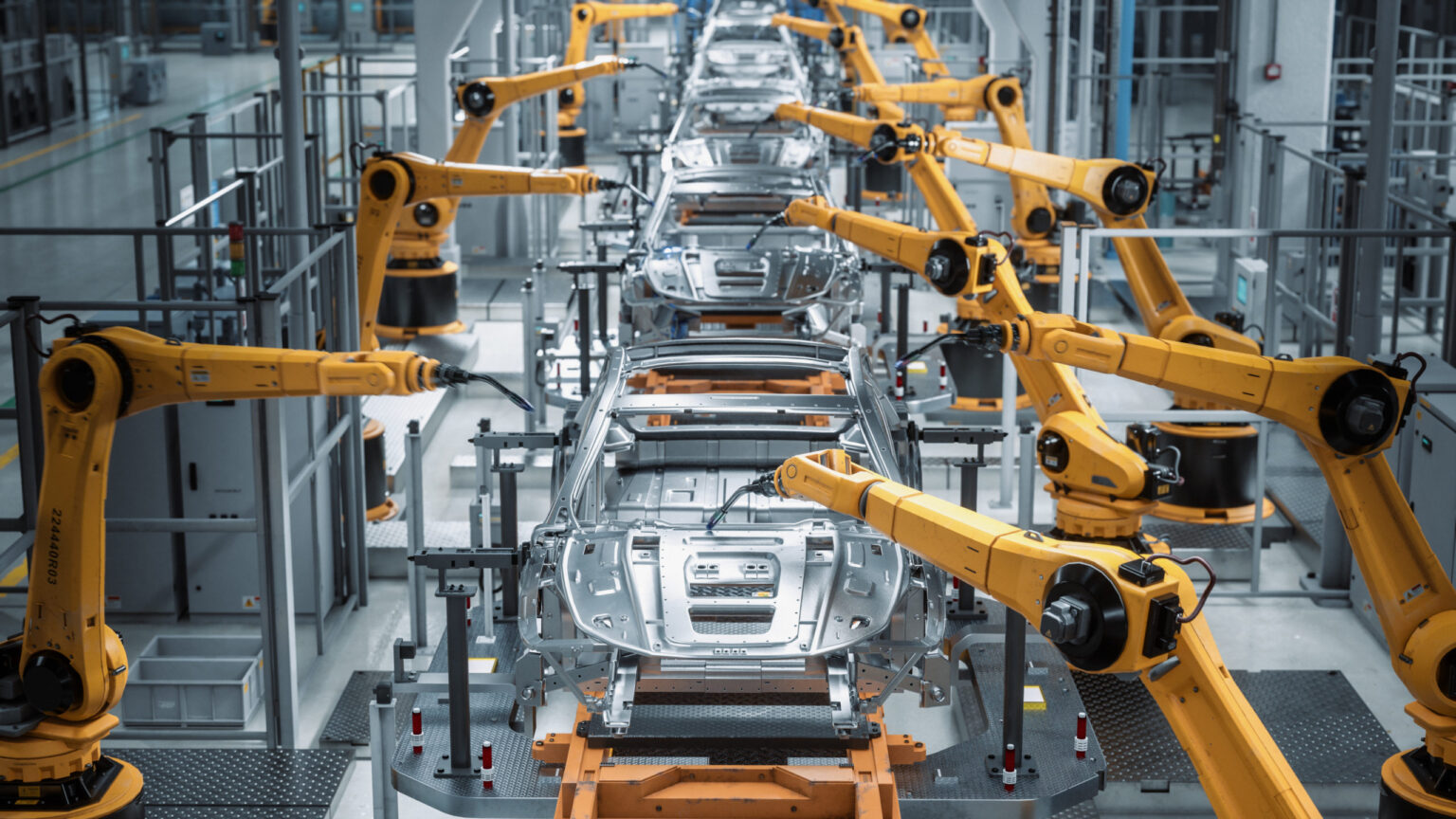 Car Factory 3D Concept: Automated Robot Arm Assembly Line Manufacturing High-Tech Green Energy Electric Vehicles. Automatic Construction, Building, Welding Industrial Production Conveyor. Front View