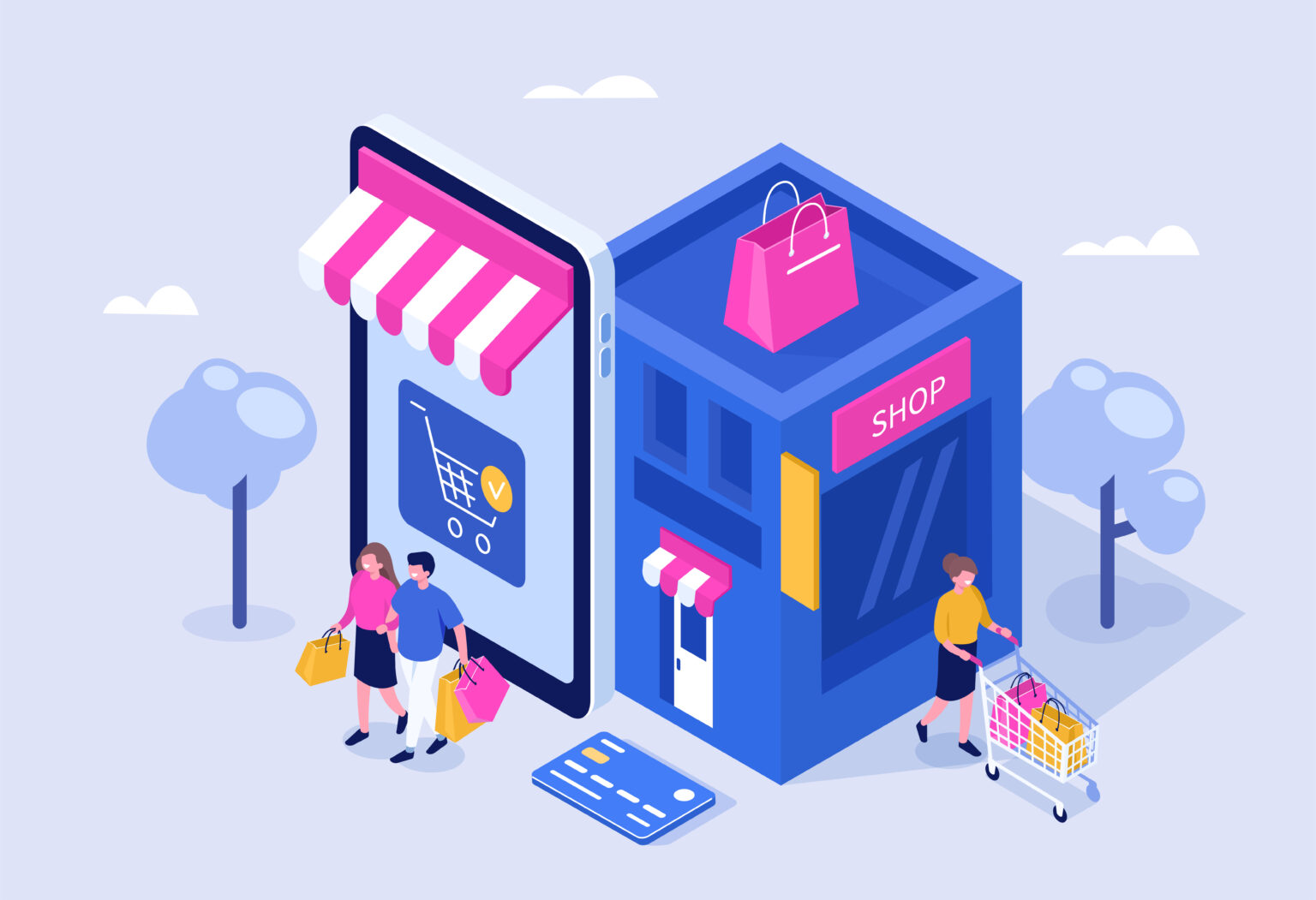 Mobile shopping concept. Can use for web banner, infographics, hero images. Flat isometric vector illustration isolated on white background.