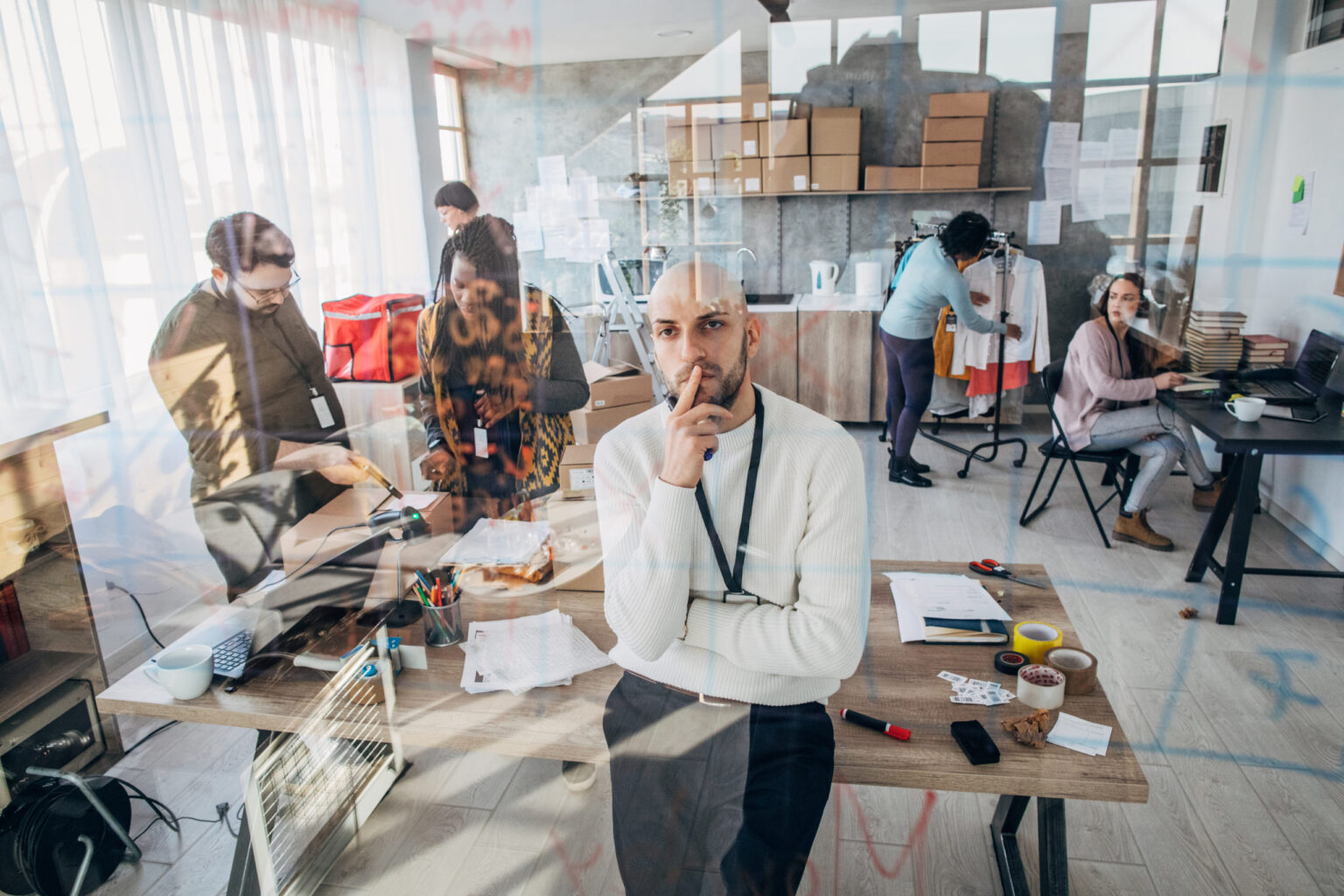 Diverse group of people working on arranging customers orders for drop shipping Multi-ethnic group of people, men and women arranging customers orders for drop shipping in warehouse.