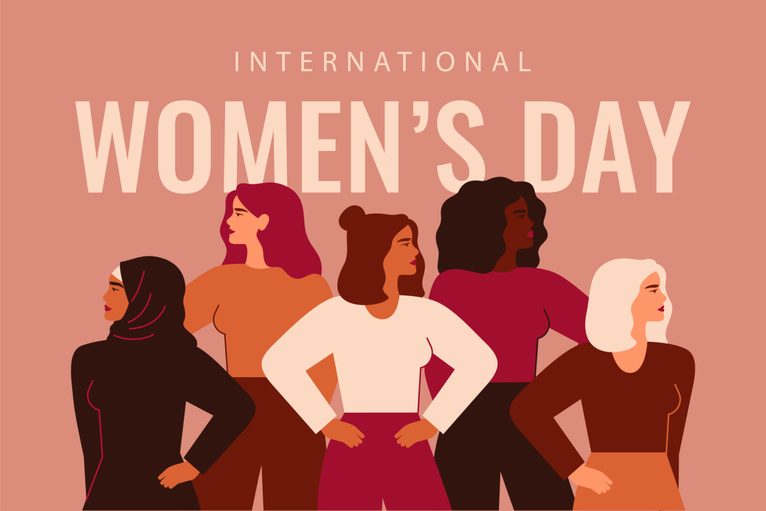 International Women's Day card with Five strong girls of different cultures and ethnicities stand together. Vector concept of gender equality and of the female empowerment movement.