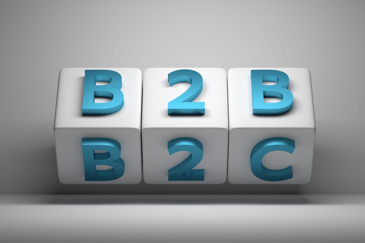 Three white large cubes with B2B and B2C abbreviations standing for Business to business to client. 3d illustration.